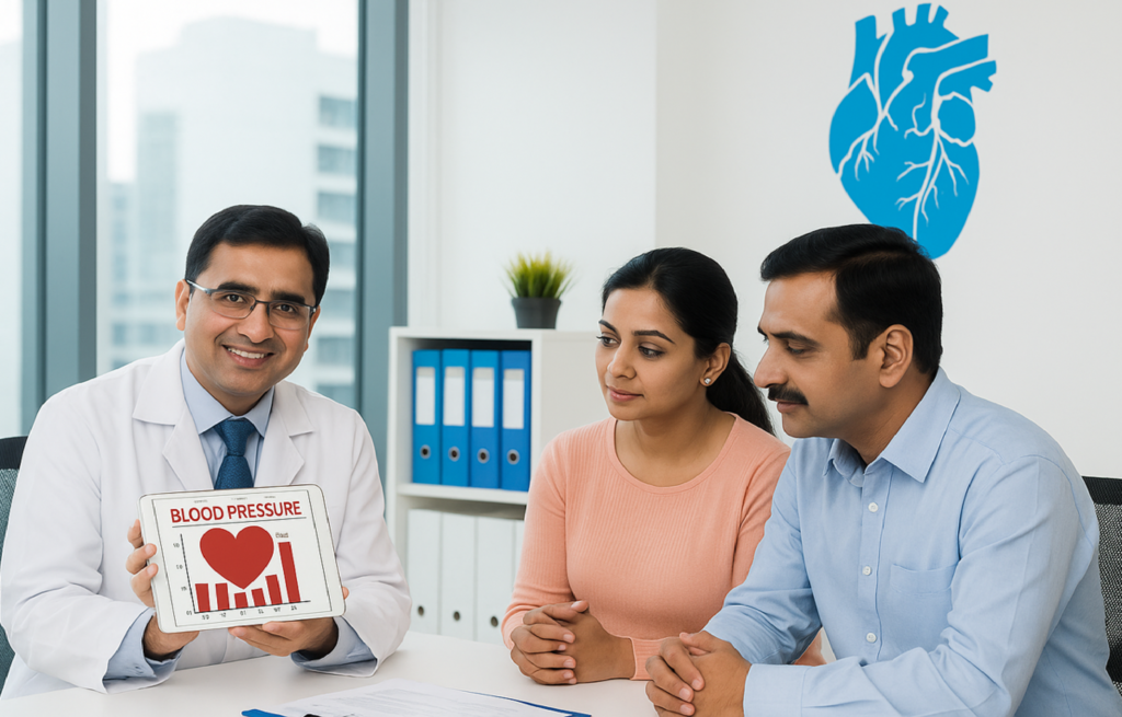 Cardiologist in PCMC explaining high blood pressure management to patient