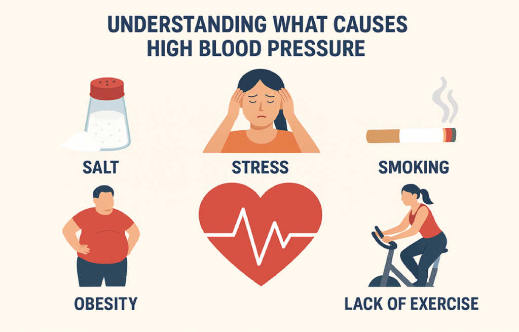 Common causes of hypertension including high salt intake, stress, and inactivity
