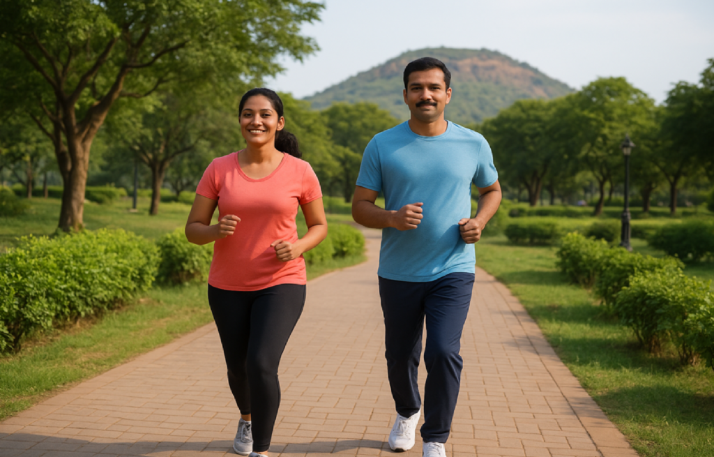 Indian adults jogging in Durga Tekdi park, PCMC to manage high blood pressure and improve heart health naturally