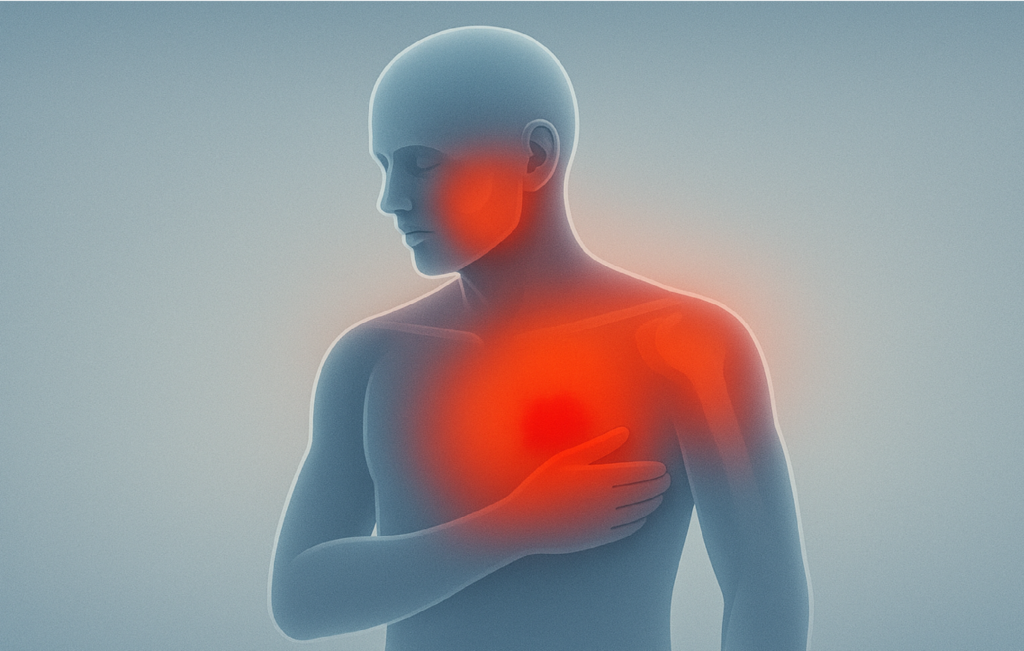 Warning signs of heart attack – chest pain radiating to arm, jaw, shoulder