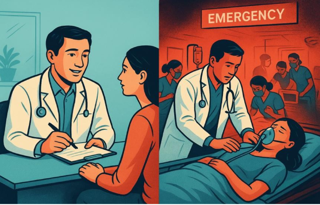 Infographic comparing preventive heart checkup vs emergency cardiac care.