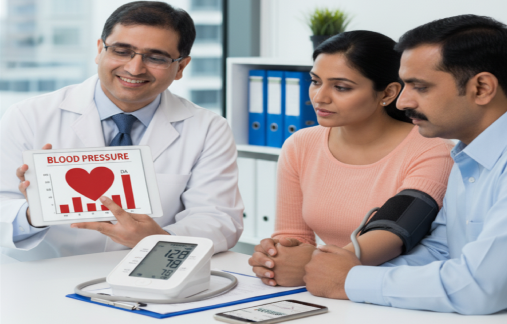 PCMC heart specialist explaining digital blood pressure monitor readings and mobile app data to patient in high-tech clinic