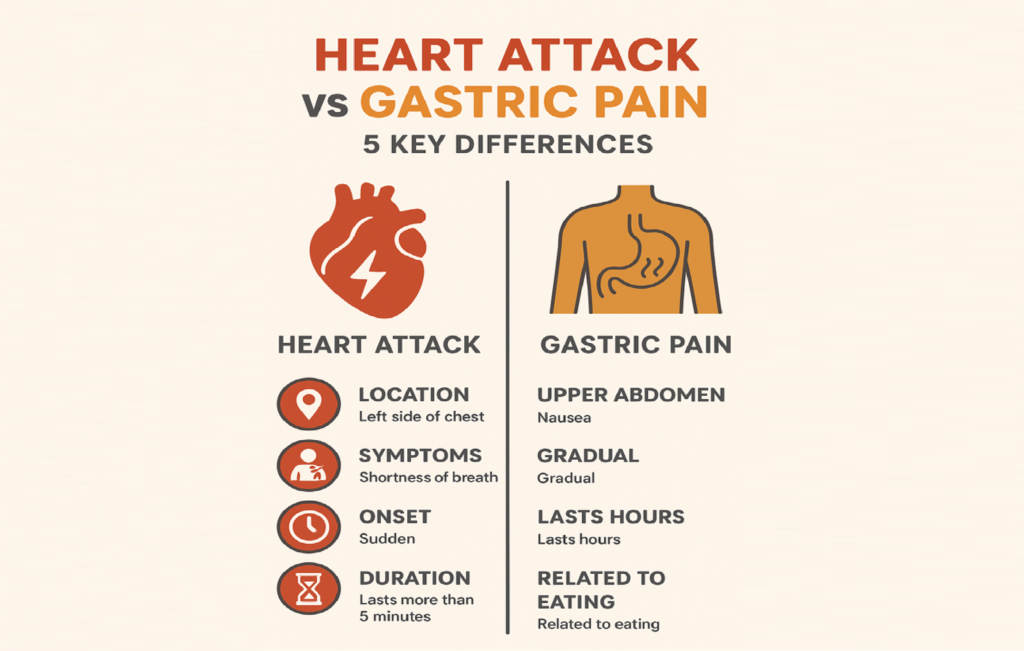Comparison chart summarizing 5 key differences between heart attack and gastric pain symptoms