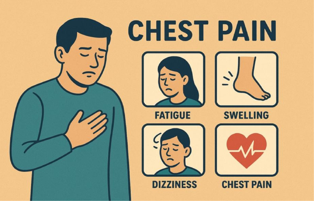 Silhouette highlighting chest, jaw, and arm pain – heart attack warning signs.