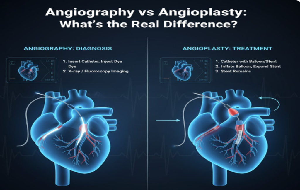 Angiography vs Angioplasty comparison illustration showing diagnostic dye imaging on the left and balloon stent treatment on the right for blocked heart arteries