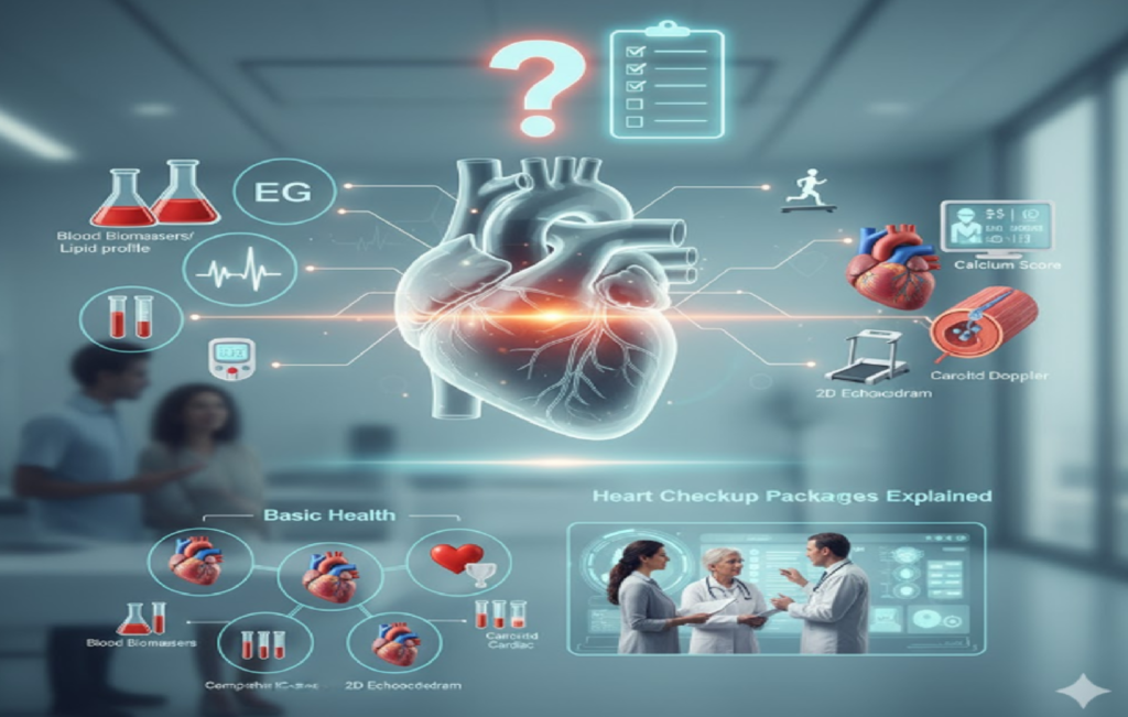 Heart checkup packages explained with biomarkers, ECG, treadmill test, calcium score, carotid Doppler, echocardiogram, and doctors discussing cardiac care in a clinic