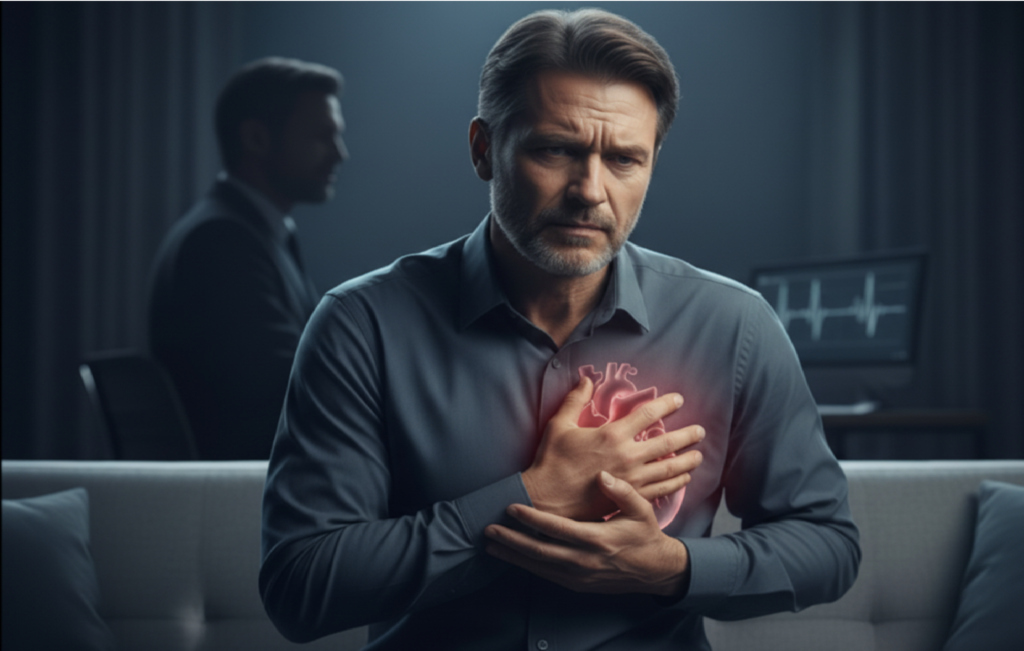 Patient experiencing chest pain, early sign of heart disease