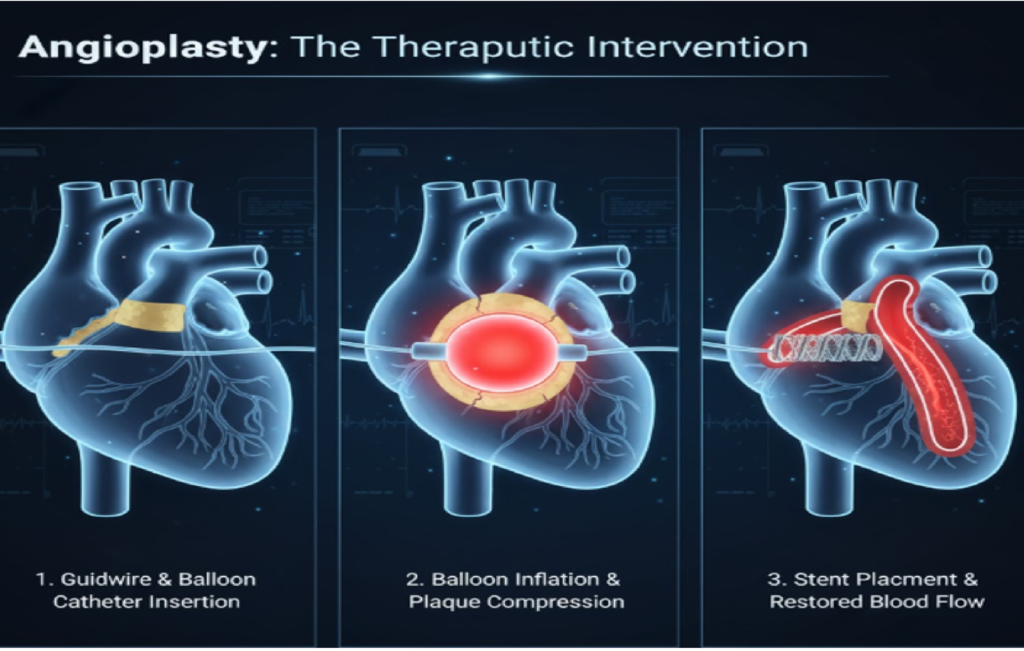 Step-by-step angioplasty illustration showing balloon catheter insertion, plaque compression, and stent placement to restore blood flow in heart arteries