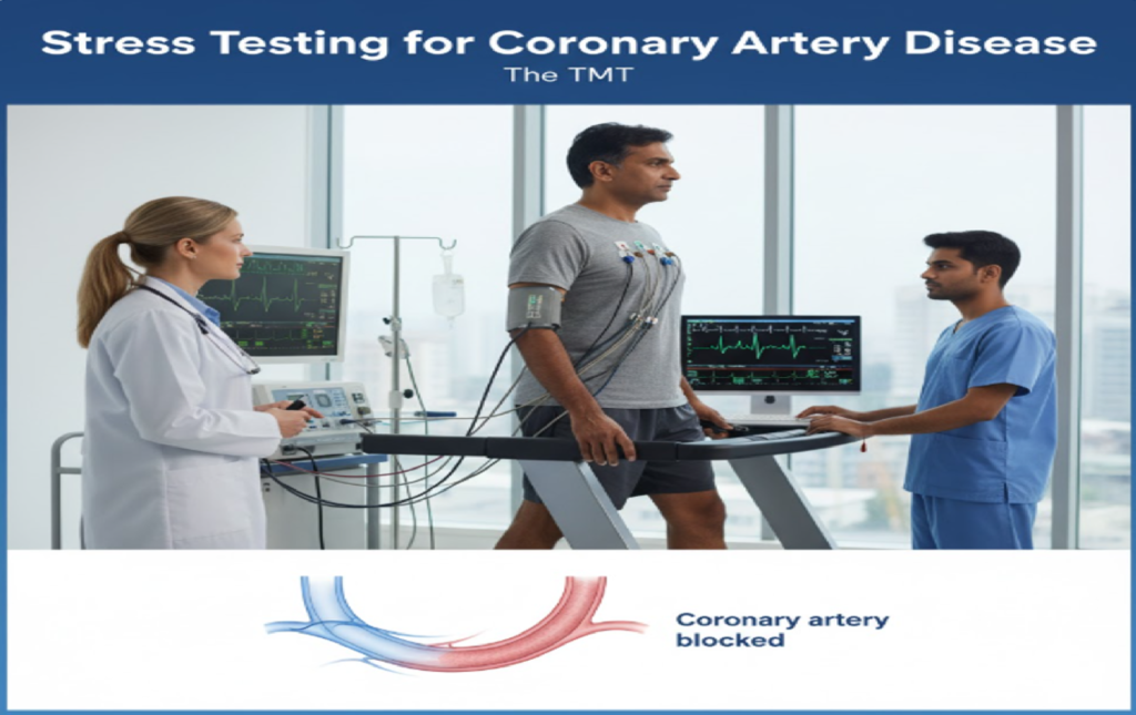 Stress testing for coronary artery disease (TMT) showing a patient on a treadmill with ECG monitoring and doctors analyzing results, including illustration of coronary artery blockage