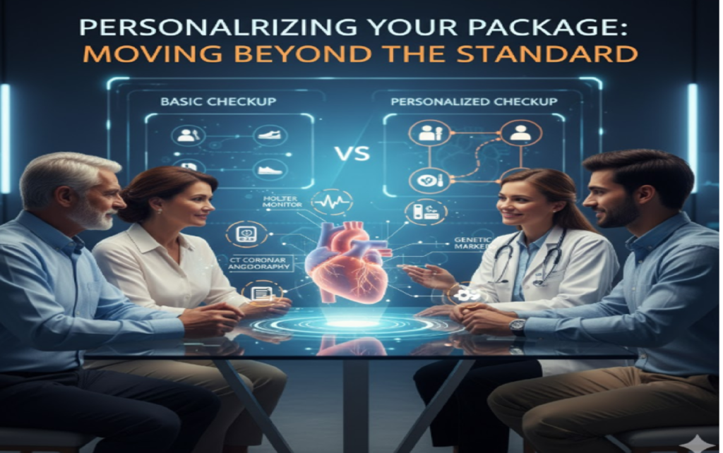 Doctors and patients discussing personalized heart checkup packages, with a comparison of basic vs personalized tests like Holter monitor, CT coronary angiography, and genetic markers in a clinic setting