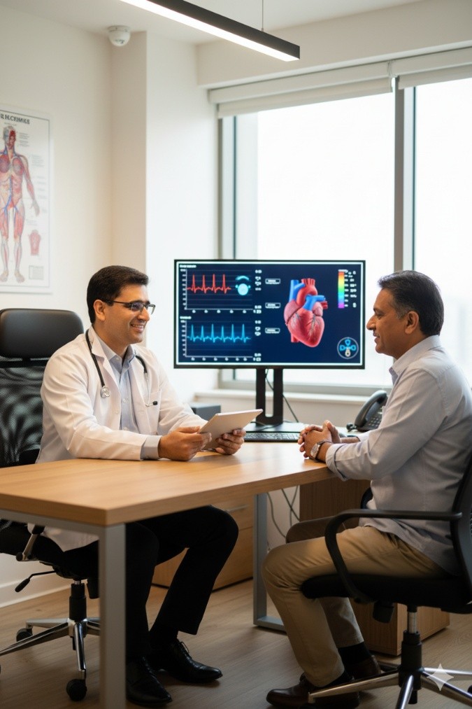 Cardiologist in PCMC consulting a patient in a clinic with heart diagnostic reports displayed on a monitor.